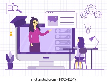 Online courses vector illustration Flat person learn virtual concept Modern knowledge development using internet training Teaching Webinar and distance lesson service Web presentation video
