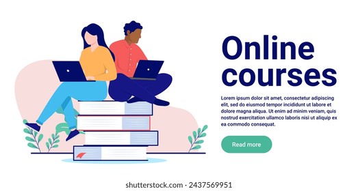 Ilustración vectorial de cursos en línea - Banner web con espacio de copia para texto de dos caracteres sentado en la pila de libros utilizando el ordenador portátil de estudio y aprendizaje. Diseño plano con fondo blanco