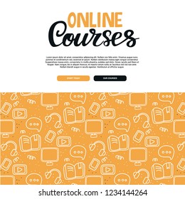 Online courses. Vector line concept for website and mobile website template. Linear banner for university.  Calligraphic design for poster, flyer, logo, card, blog or social media.