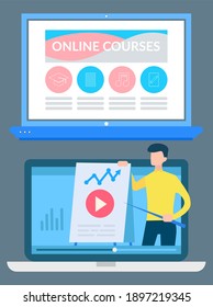 Online courses vector, man showing charts and information to learn. Tutor with pointer and video sign button. Laptop computer, preparation for exam