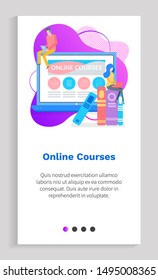 Online courses vector, people studying something new, laptop with icons and information, files and books, man and woman students learning. Website or app slider template, landing page flat style