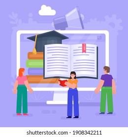 Cursos en línea, lecciones de video, educación mundial. Grupo de estudiantes parados cerca de la pantalla grande con libros. Ilustración vectorial moderna