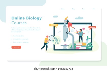 Online courses web banner design. Biology science concept. People with microscope make laboratory analysis. Idea of education and experiment. Vector illustration in cartoon style