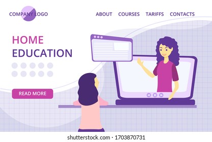 Online courses for webinar and distance lesson website homepage vector illustration. Flat person learn virtual concept. Modern knowledge development using internet training, teaching landing page