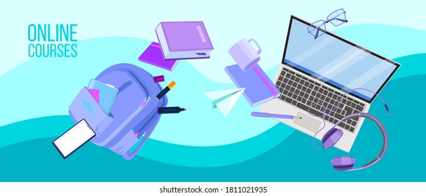 Online courses or webinar vector illustration with flying laptop, bag pack, stationery, books. Digital school and university internet education concept. Online language courses banner in flat style