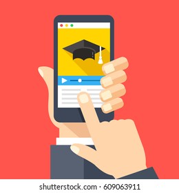 Online courses website, video tutorials app on smartphone screen. Online education, e-learning. Hand holding smartphone, finger touching screen. Modern flat design graphic object. Vector illustration