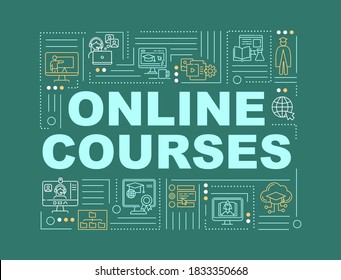 Online courses word concepts banner. Distance education. Web conferencing. Infographics with linear icons on blue background. Isolated typography. Vector outline RGB color illustration