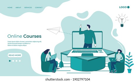 Online Courses.Online education.The concept of getting an education through a video conference.Advanced training courses online.People use a laptop and an online connection to get an education.