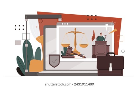 Online court session. Man near jidges gavel and weights. Lawyer at workplace. Laws and regulations, legal support for agreements. Cartoon flat vector illustration isolated on white background