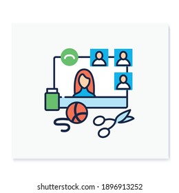 Online crafts workshop color icon. Meeting online concept. Internet streaming website. Social distanced hand made training course, master class. Blogger. Isolated vector illustration
