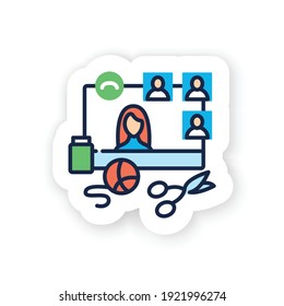 Online crafts workshop color sticker. Meeting online badge for designs. Internet streaming website. Social distanced hand made training course, master class. Blogger