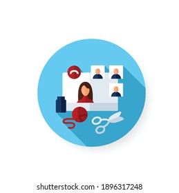 Online crafts workshop flat icon. Meeting online concept. Internet streaming website. Social distanced hand made training course, master class. Blogger.Isolated color vector illustration with shadow