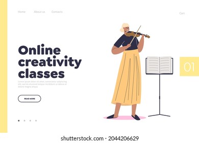 Online creativity classes concept of landing page with young woman learn to play violin. Creative occupation and hobby leisure activity. Cartoon flat vector illustration