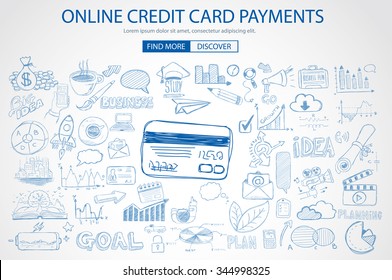 Online credit card payment concept with Doodle design style online purchases, banking, money spending. Modern style illustration for web banners, brochure and flyers.