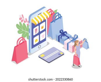 Online Credit Card payment isometric vector concept. Woman shopping online on mobile phone apps and paying with credit card