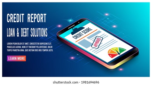 Online Credit Score Check Using Mobile phone with gauge speedometer indicator, color levels and paper sheet chart 
of personal credit score information. Vector illustration eps10