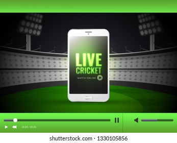 Online Cricket App In Smartphone Screen On Stadium Background, Live Cricket Video Play Screen For Advertising Concept.