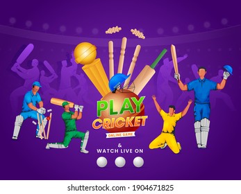 Online Cricket Game Poster Design With Cricketer Players In Action Pose, Equipments And Golden Trophy Cup On Purple Background.