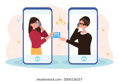 Online crime concept. Girl does not suspect that she is talking on the phone with the criminal. Woman transfers banking information to a hacker. Cartoon flat vector illustration on a white background