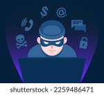 Online crime concept. Hacker behind a laptop monitor. Phishing and online surveillance. Cyber crime. Vector illustration in cartoon style