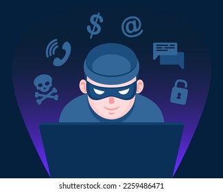 Online crime concept. Hacker behind a laptop monitor. Phishing and online surveillance. Cyber crime. Vector illustration in cartoon style