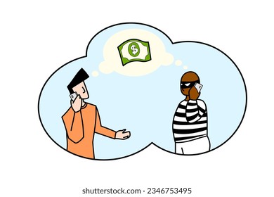 Online crime concept illustration, cellphone scammer online social media fraud. A swindler and a thief are working at the mobile. Vector flat illustration isolated on white background