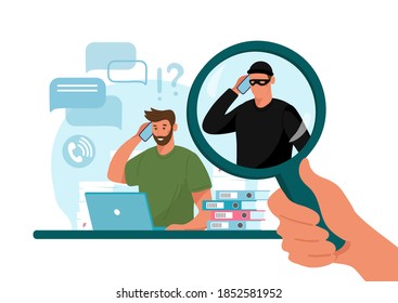 Online crime concept illustration, online social media fraud. A swindler and a thief are working at the computer. Vector flat illustration isolated on white background