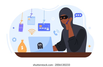 Online crime concept. A masked fraudster calls his victim on the phone and asks for banking information. The criminal steals money. Cartoon flat vector illustration isolated on a white background