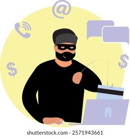 Online crime concept. A masked fraudster calls his victim on the phone and asks for banking information. The criminal steals money. Cartoon flat vector illustration isolated on a white background