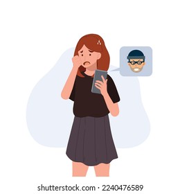 Online crime concept, online social media fraud.A woman is scaring A thief from smartphone.  flat Vector cartoon character illustration 