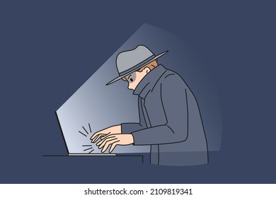 Online crime and fraud concept. Young man fraud thief sitting at laptop committing computer internet crime making attack hacking vector illustration 