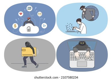 Online crime and robbery concept. Set of criminals thieves hackers in mask breaking laptops finding passwords and committing crimes online in internet vector illustration 