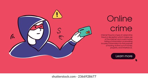 Online crime, social media fraud banner template. A swindler or thief holding credit card. Hacker stealing personal data, banking credentials and information. Cyber scammer concept illustration.