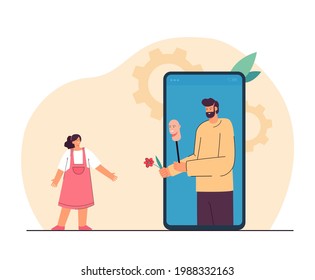 Online crime towards children. Bearded bad man in smartphone pretending to be good giving sweet to little girl. Cybersecurity concept for banner, website design or landing web page