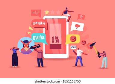 Online Criticism, Social Network Harassment Concept. Characters Bully in Smartphone Harassing, Threatening and Intimidating Upset Victim. Cyberbullying, Flooding. Cartoon People Vector Illustration