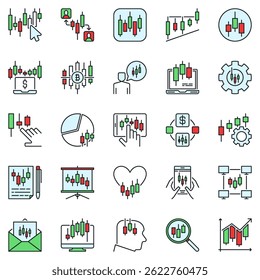 Online Cryptocurrency Trading colored icons set. Candlestick charts creative signs. Crypto Traders concept vector symbols