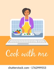 Online culinary class. Young black woman in apron cuts fresh vegetables for salad. Preview on laptop screen. Cooking video tutorial on Internet. Flat vector cartoon illustration