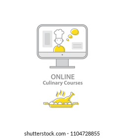 Online Culinary courses. Chef teaches cooking on the screen in the online cooking school. Online education, training, class, courses.