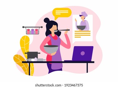 Online culinary courses. Female character cooking and watching online recipe. Woman cooking with male chef. Culinary video tutorial, online class. Flat vector illustration