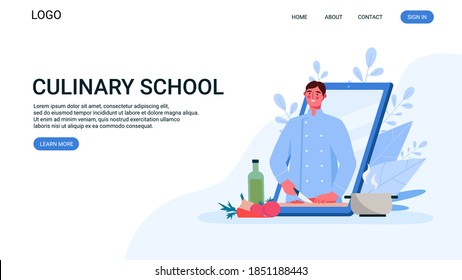 Online culinary school. Online recipe, Man chef teaches cooking new recipe. Food Blog, channel. Video tutorial. Online education, distance learning. Flat Cartoon Vector Illustration. Landing page.