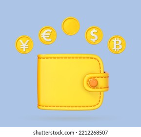 Online currency exchange and banking concept. Dollar, Euro, Pound, Yen and Вitcoin currency symbols with money wallet. Business, finance or currency exchange concept. Vector 3d illustration.
