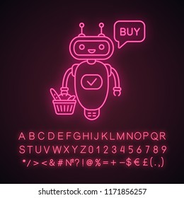 Online customer chatbot neon light icon. Talkbot with grocery basket says buy. Modern robot. Virtual shopping assistant. Glowing sign with alphabet, numbers and symbols. Vector isolated illustration