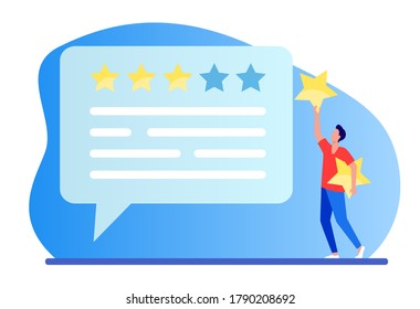 Online customer feedback. Man applying rate stars to chat bubble flat vector illustration. Marketing, satisfaction, evaluation concept for banner, website design or landing web page