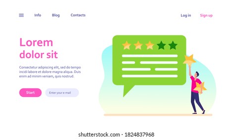 Comentarios de los clientes en línea. Hombre aplicando estrellas de velocidad a la imagen plana de vector de burbuja de chat. Marketing, satisfacción, concepto de evaluación para banner, diseño de sitios web o página web de aterrizaje
