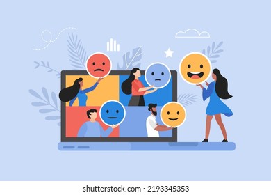 Online customer feedback, user experience or client review rating business concept. Modern vector illustration of people holding emoji  icons with computer laptop