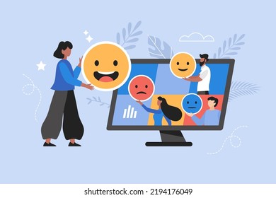 Online customer feedback, user experience or client review rating business concept. Modern vector illustration of people holding emoji  icons with computer screen