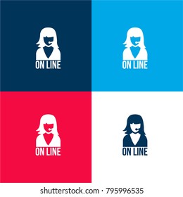 Online customer female support four color material and minimal icon logo set in red and blue