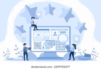Revisión positiva del cliente en línea. Análisis de las sugerencias de mejora. Responder a los comentarios del cliente y comprometerse a ofrecer la mejor experiencia del cliente. Ilustración vectorial plana.