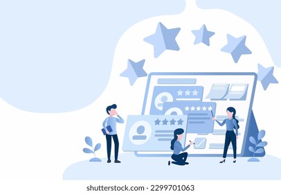 Online customer positive review source of feedback for business. Businessman use reviews to analyze rating stars and customer satisfaction to improve products or services and develop a loyal customer.