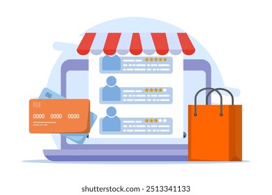 Online customer review concept, customer rating website, online store, digital shop, e-commerce advertising, online shopping business, customer rating and reviews, flat vector illustration.
